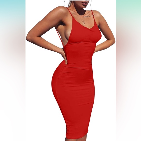 Backless bodycon spaghetti strap solid midi dress - Picture 1 of 5